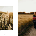 Two images: one of white flowers and the other of a person walking with flowers in a field.