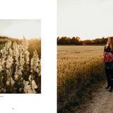 Two images: one of white flowers and the other of a person walking with flowers in a field.