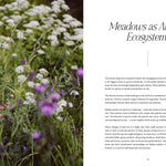 Book page with nature illustration on left and text on right about meadows as ancient ecosystems.