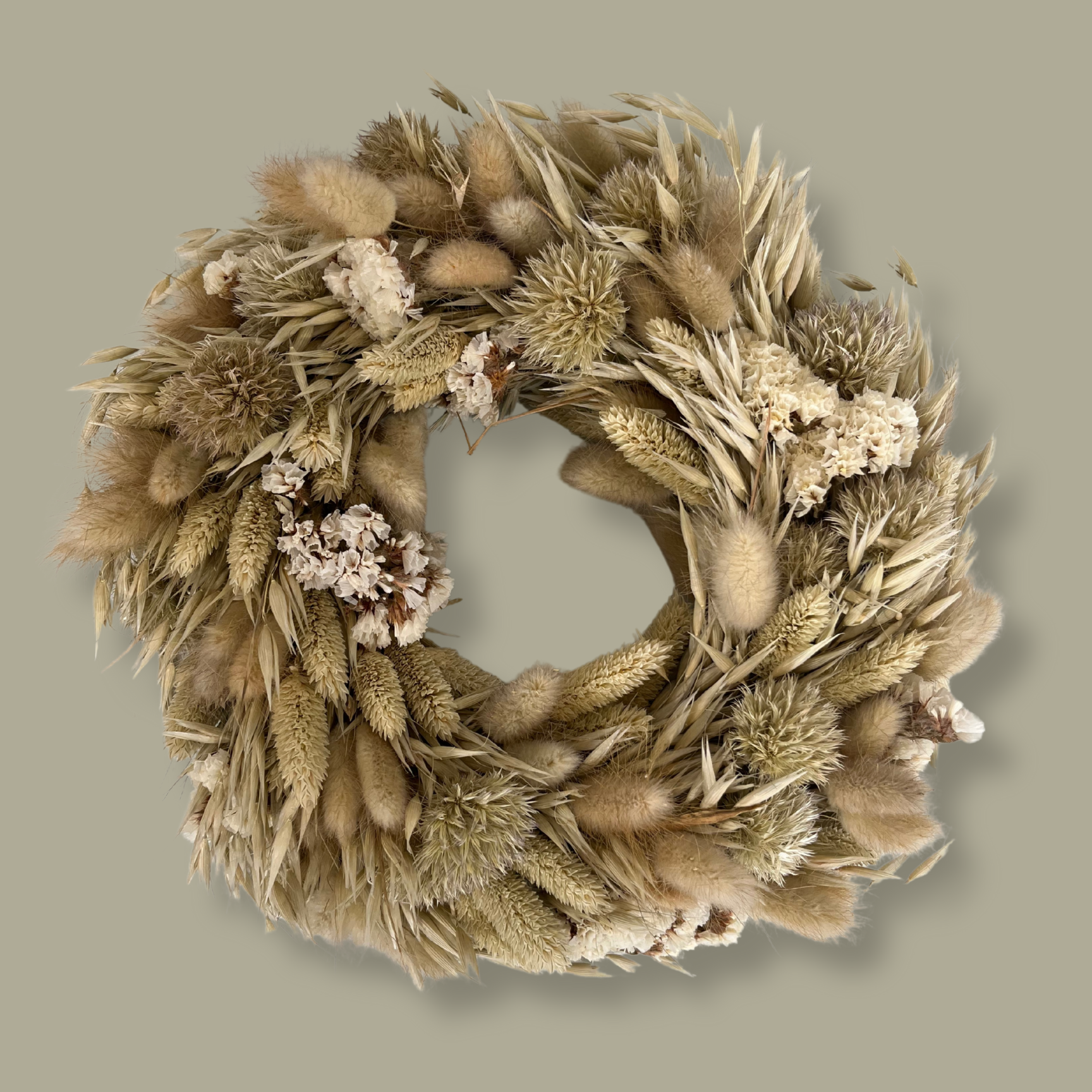 Exquisite 10-inch wreath made with lush white Statice, airy natural Oat Grass, feathery Lagers ovatus, and more creamy blooms. 