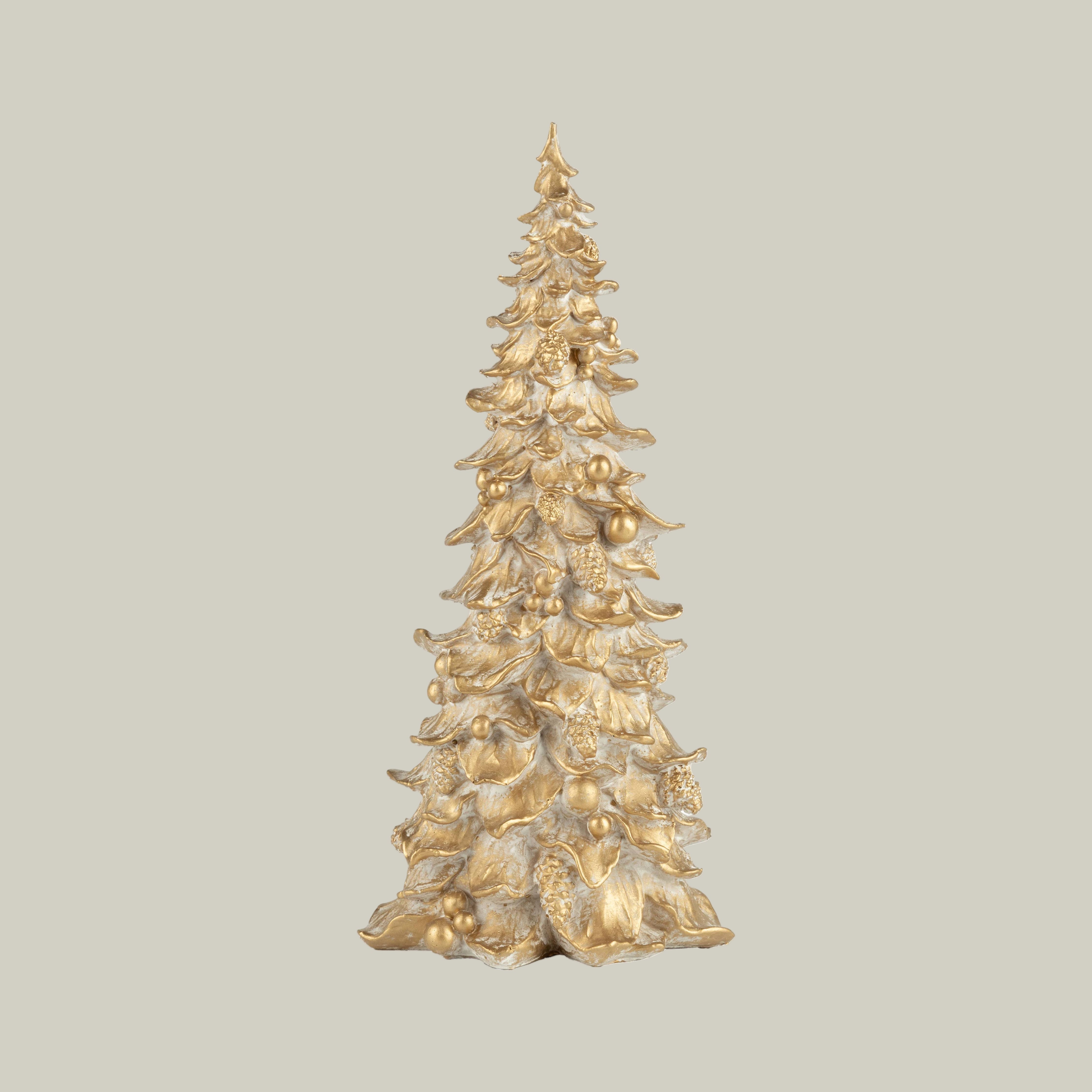 Decorative Christmas tree with gold and silver ornaments on a white background