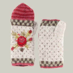 Beautiful pair of hand knit mittens with embroidered floral design