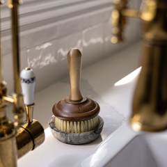 Vintage-style scrub brush on a kitchen sink with gold fixtures.