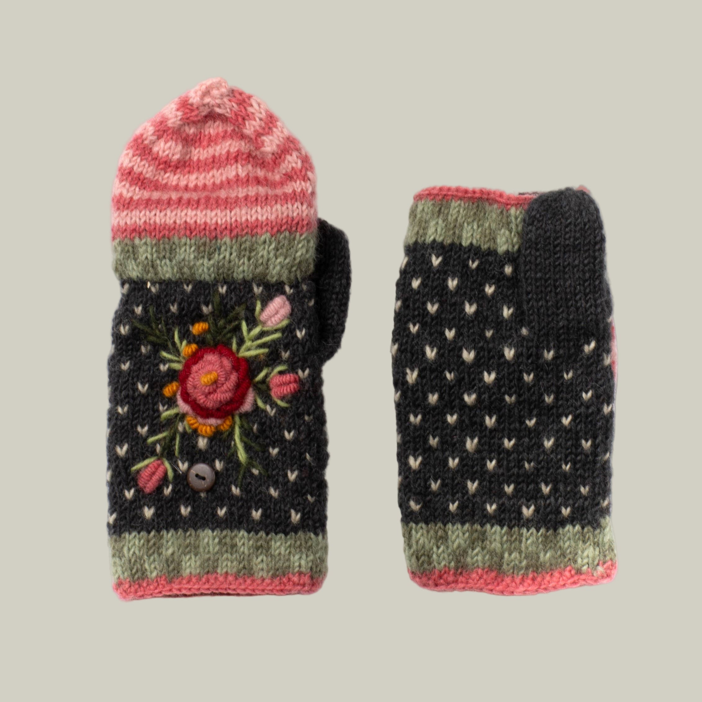 Beautiful pair of hand-knit mittens with embroidered floral design 