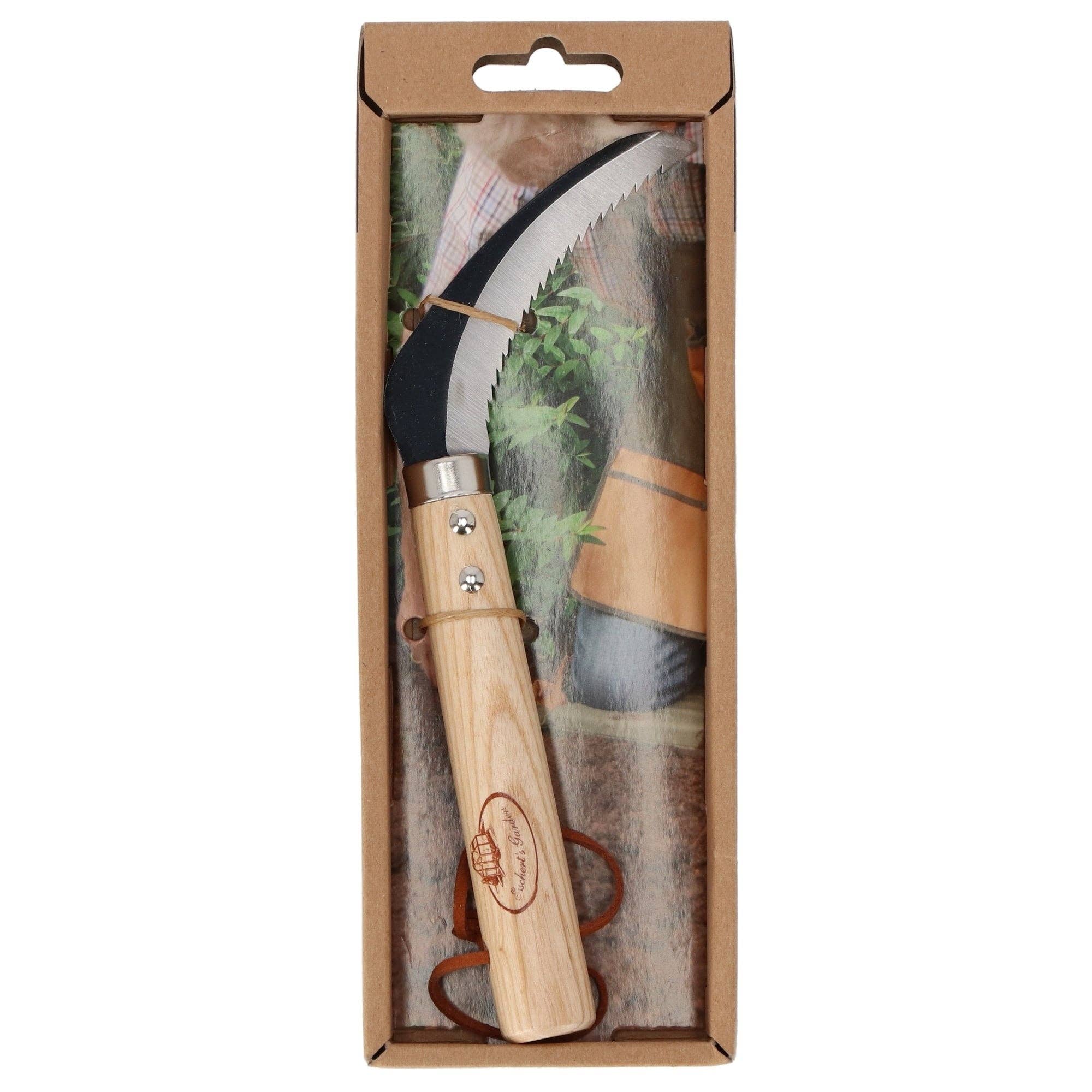 Gardener's serrated root cutting tool with wooden handle in brown packaging