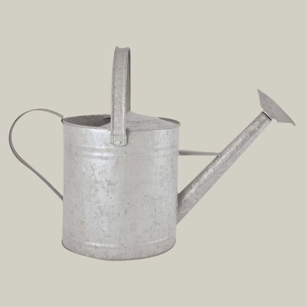 Metal watering can on a light gray background
