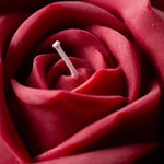 Close-up of a red rose candle with wick in centre.